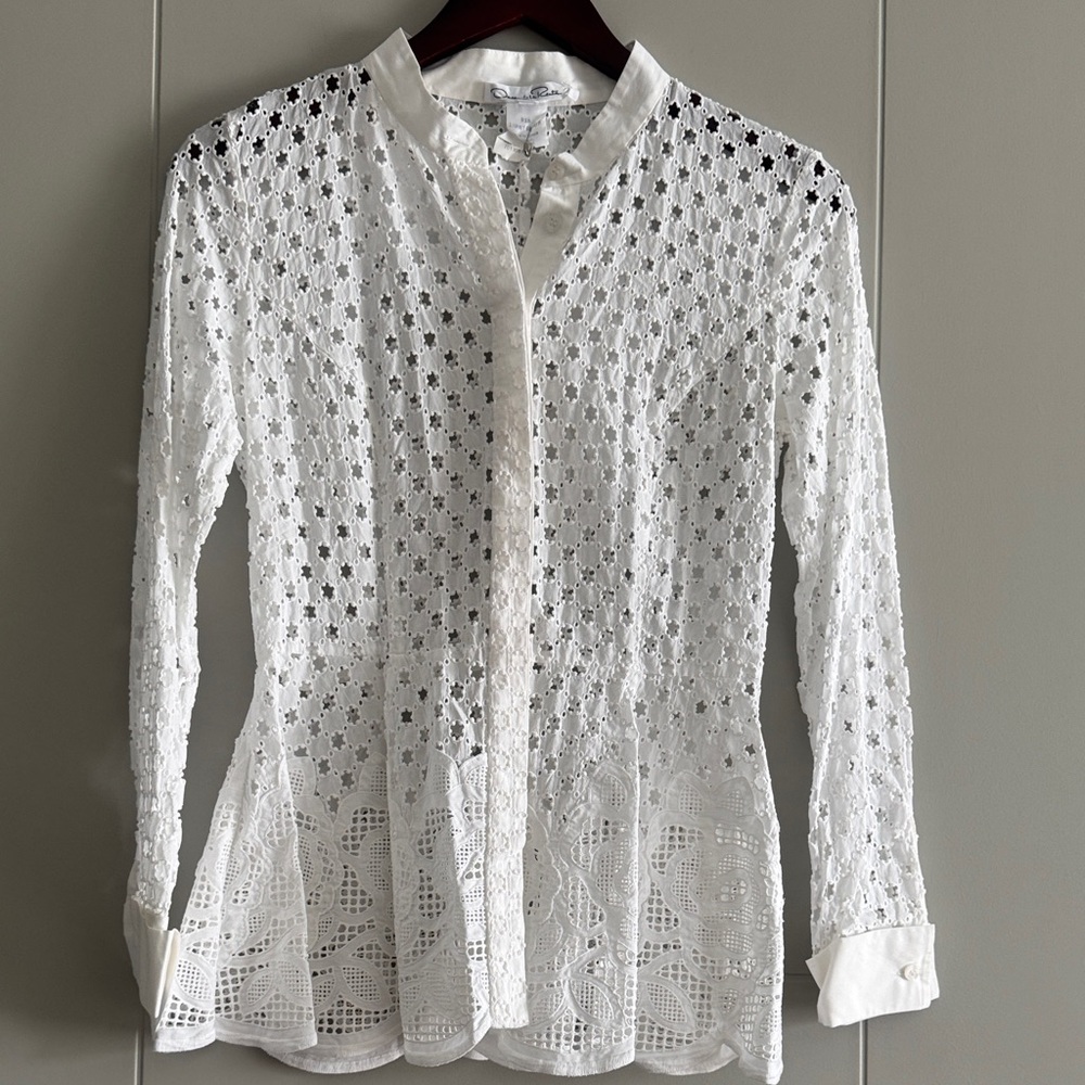 Oscar de la Renta White Eyelet Lace Button-Front Blouse